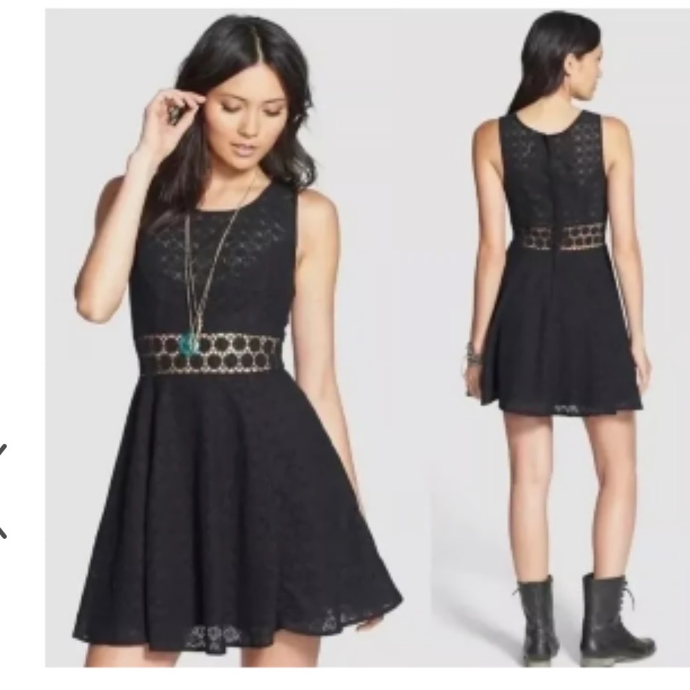 Free People Dress Daisy Lace Embroidered Cutout Mini Skater Black Size 2